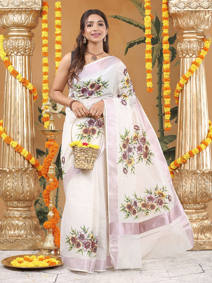 Wedding Wear Off White Color Cotton Soft Silk Saree