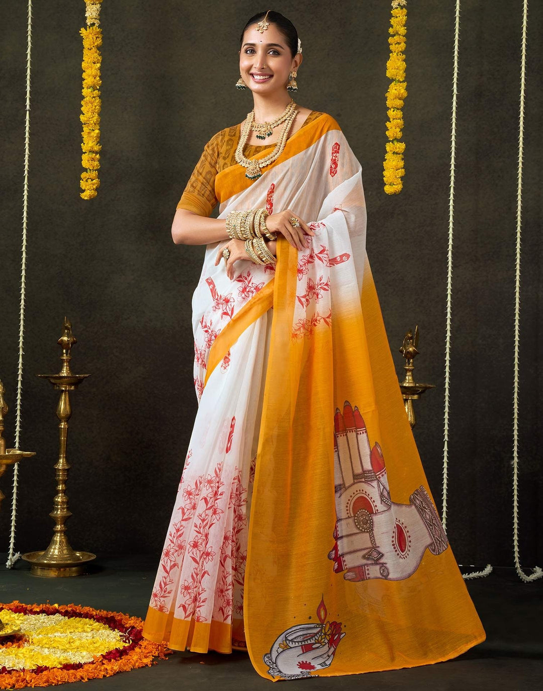 Wedding Wear Off White Color Cotton Saree