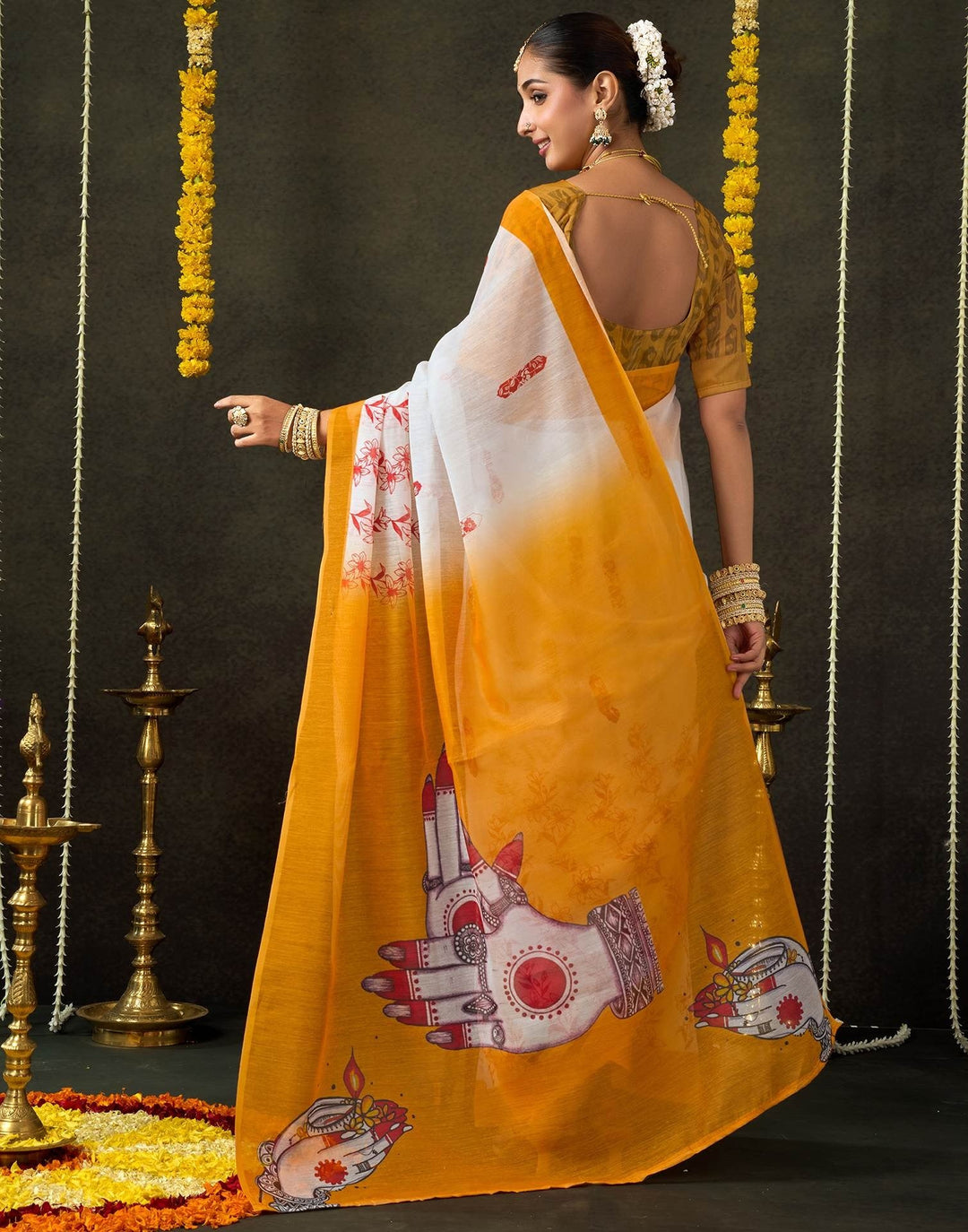 Wedding Wear Off White Color Cotton Saree