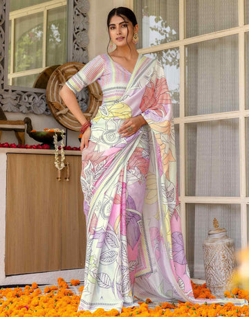 Wedding Wear Off White Color Soft Silk Printed Saree