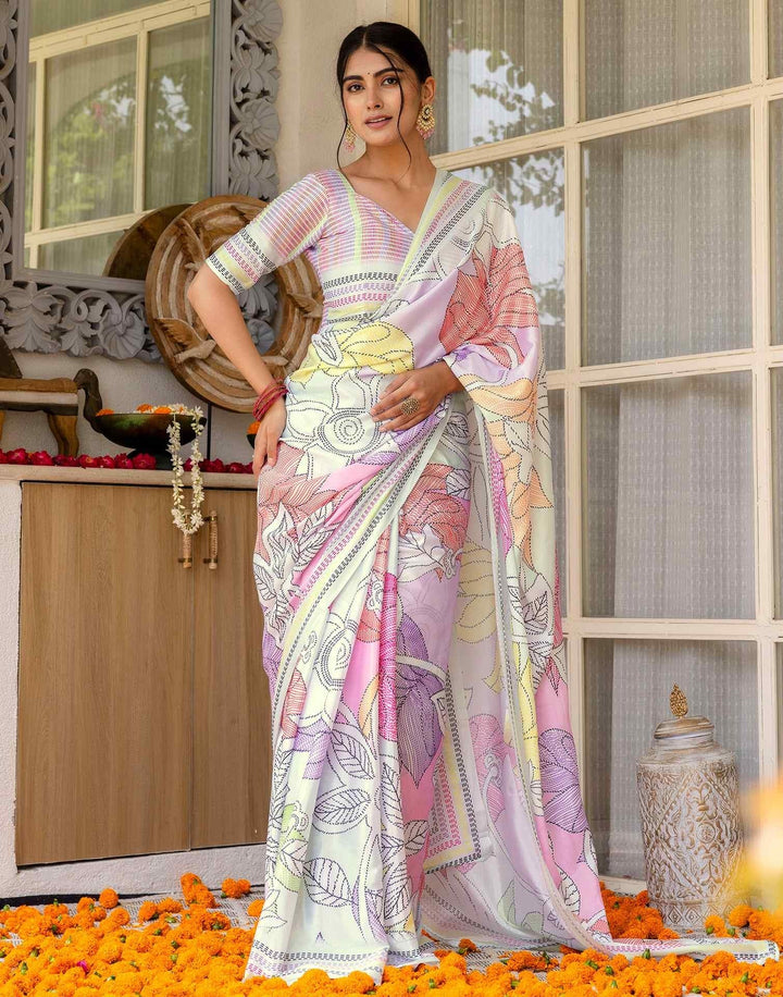 Wedding Wear Off White Color Soft Silk Printed Saree