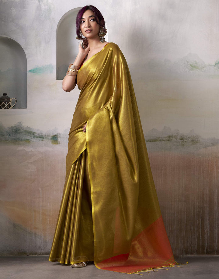 Wedding Wear Orange Color Tissue Silk Saree