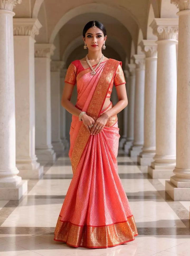 Wedding Wear Peach Color Banarasi Silk Saree