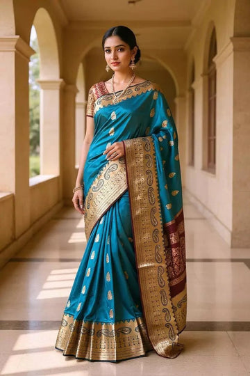 Wedding Wear Peacock Blue Color Soft Silk Saree