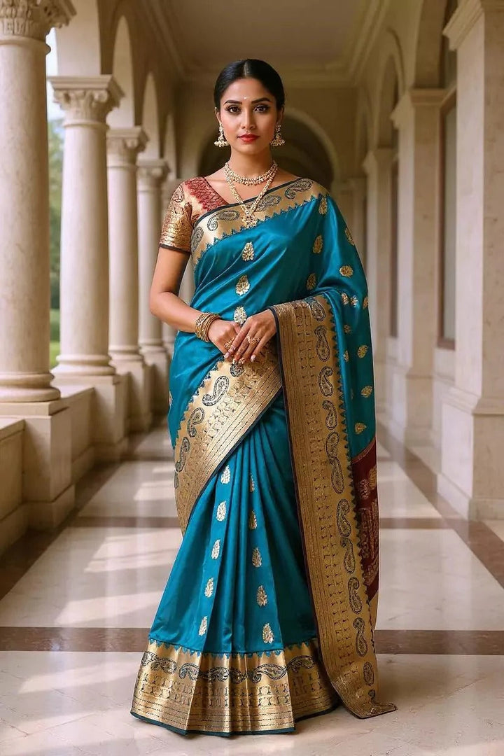 Wedding Wear Peacock Blue Color Soft Silk Saree