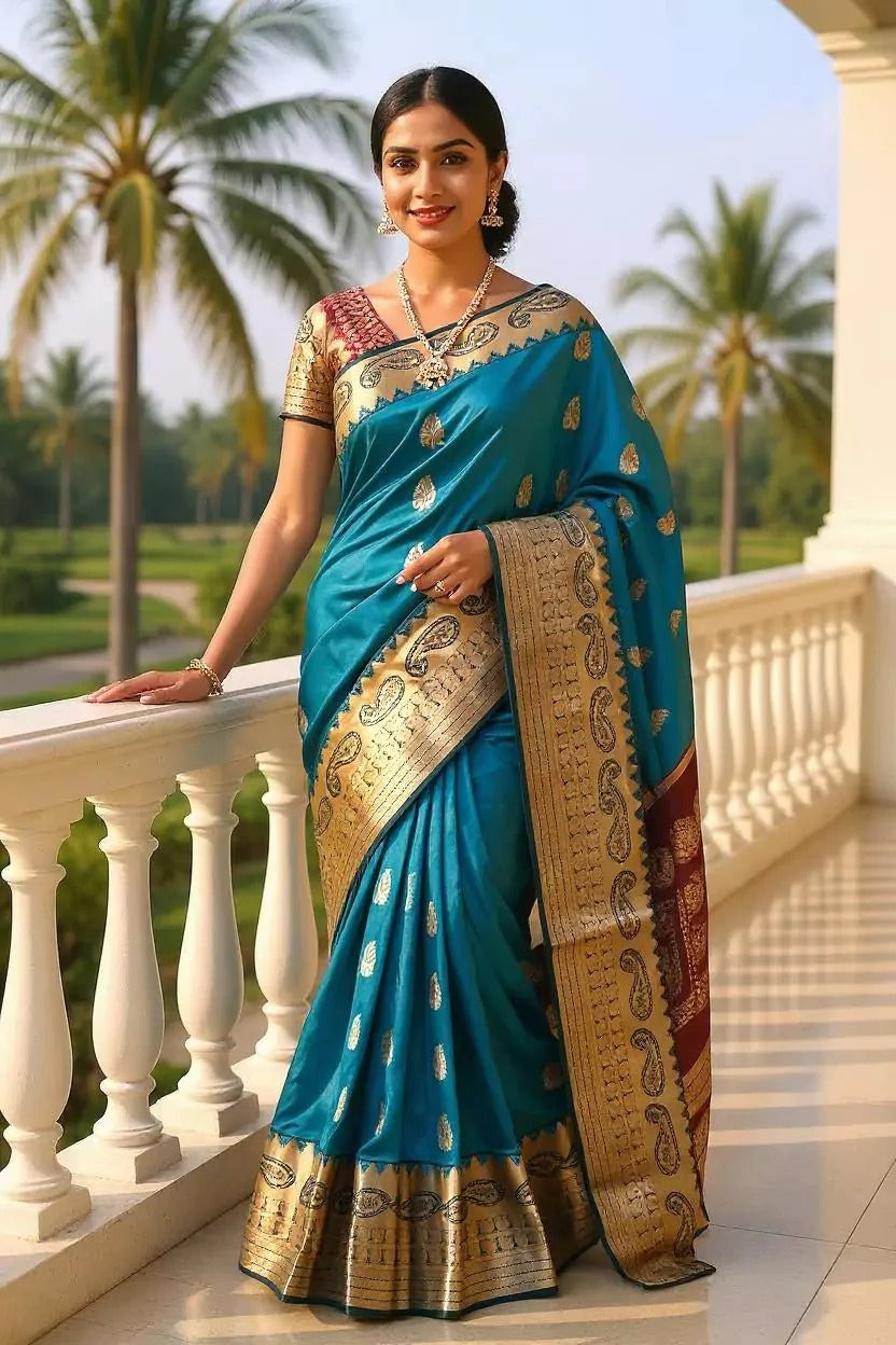 Wedding Wear Peacock Blue Color Soft Silk Saree