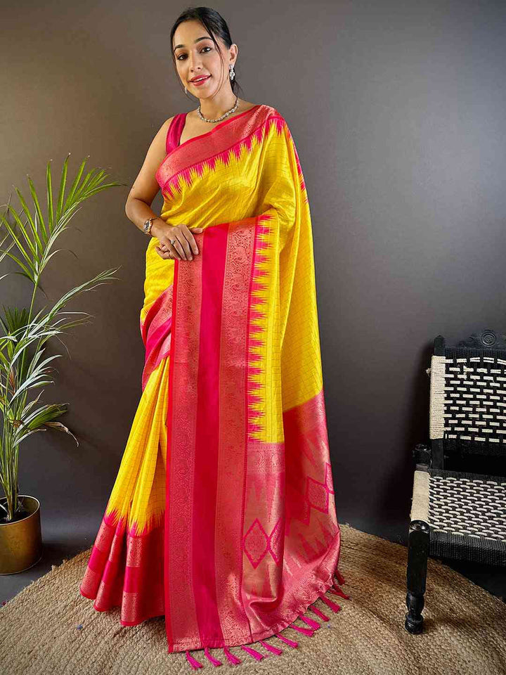Wedding Wear Pink And Yellow Color Soft Silk Saree