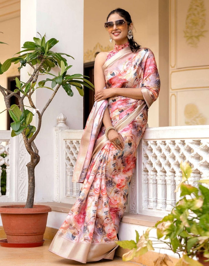 Wedding Wear Pink Color Soft Silk Woven Border Printed Saree