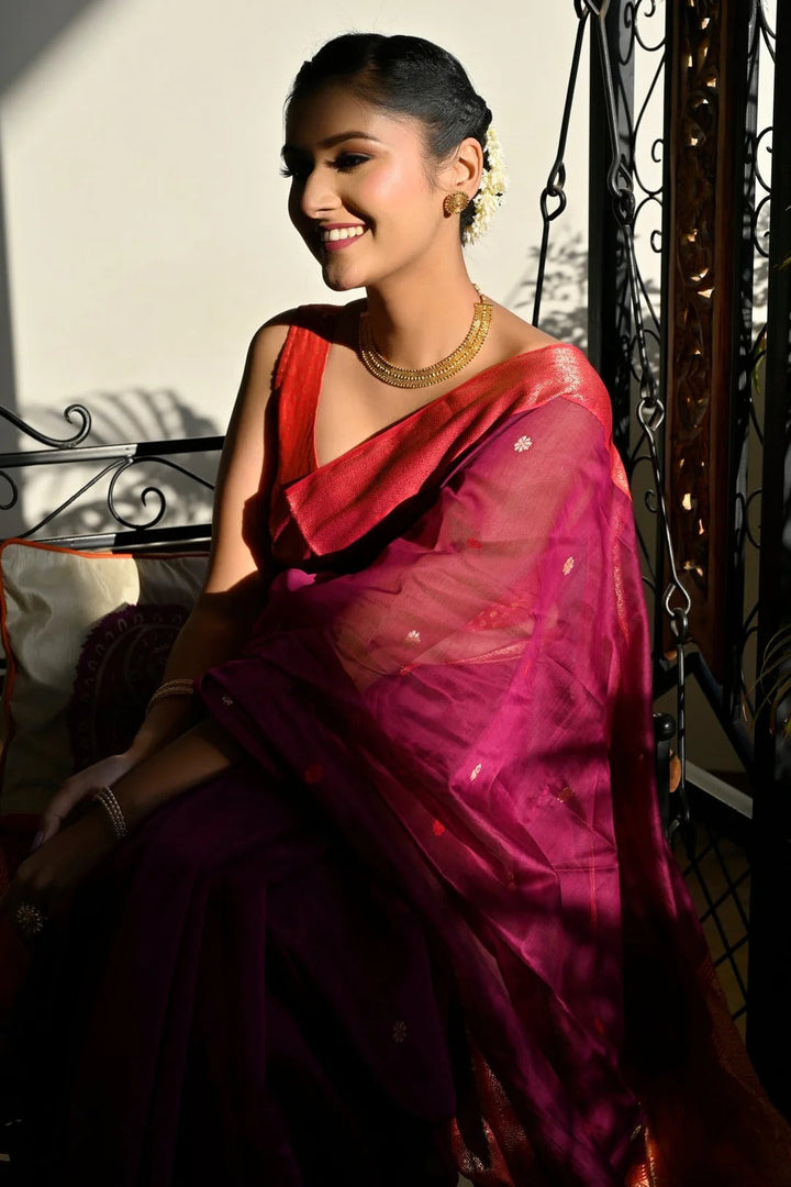 Wedding Wear Purple And Red Color Maheshwari Saree With Golden Zari Pallu