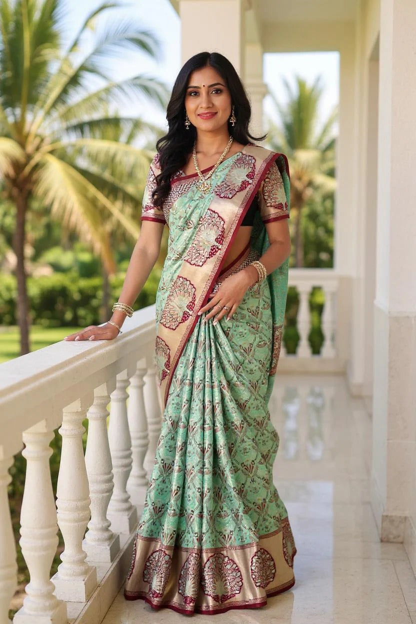 Wedding Wear Sea Green Color Banarasi Silk Saree