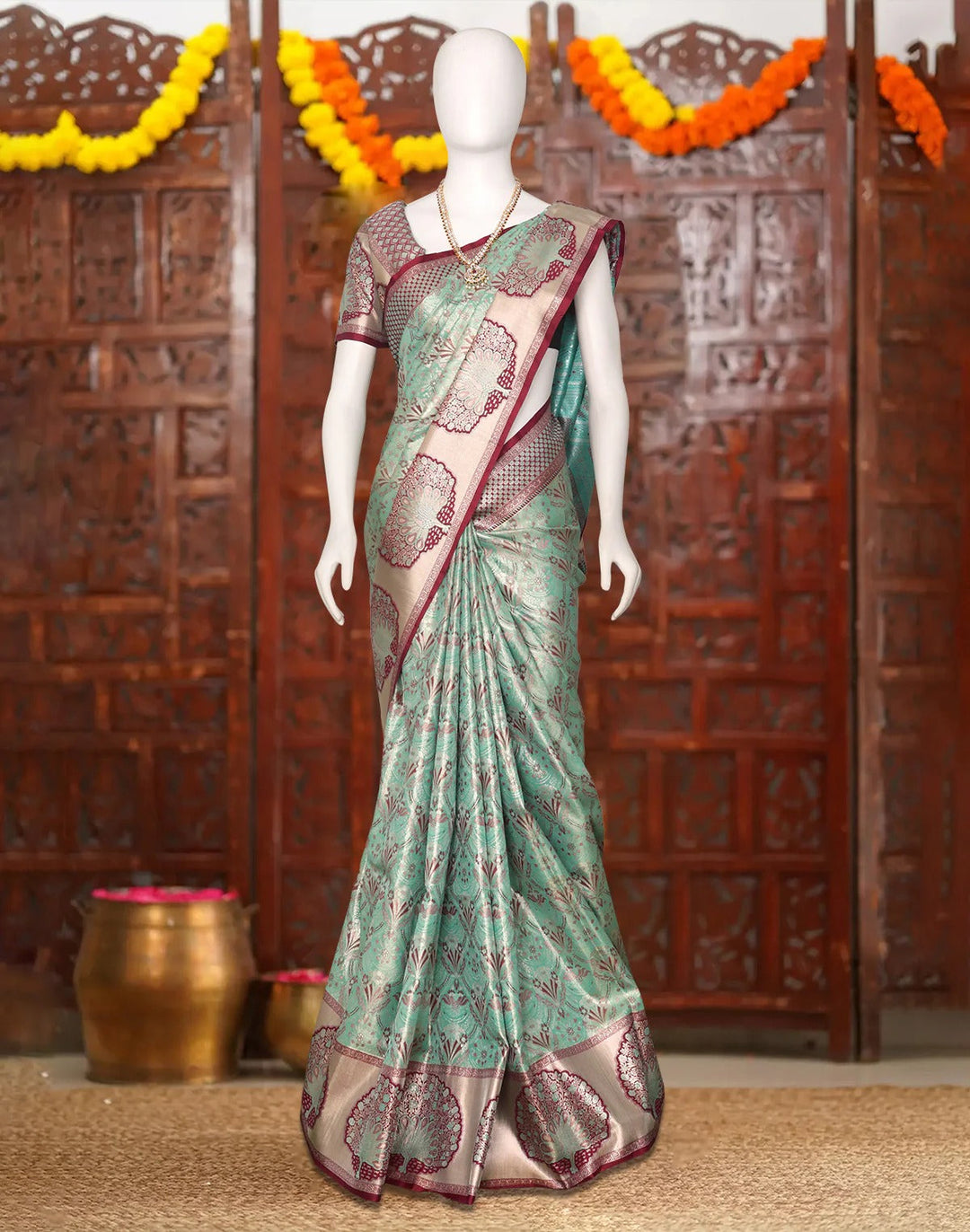 Wedding Wear Sea Green Color Banarasi Silk Saree