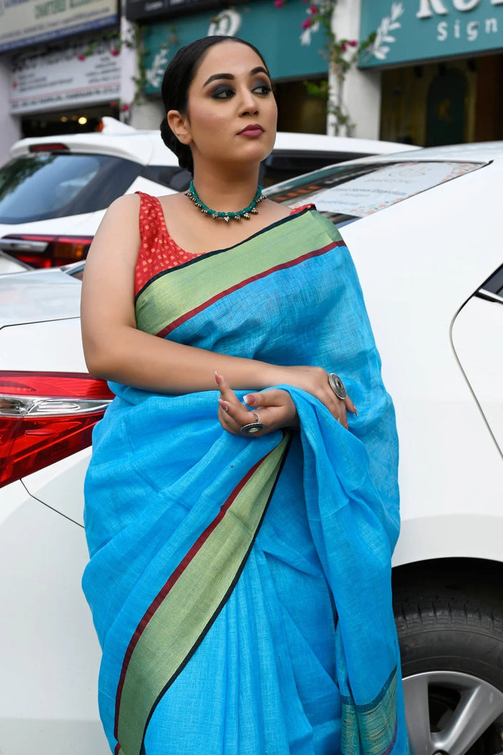 Western Wear Dodger Blue Color linen Handloom Saree