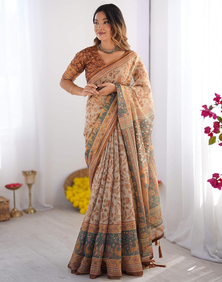 Western Wear Light Grey Color Linen Floral Printed Saree