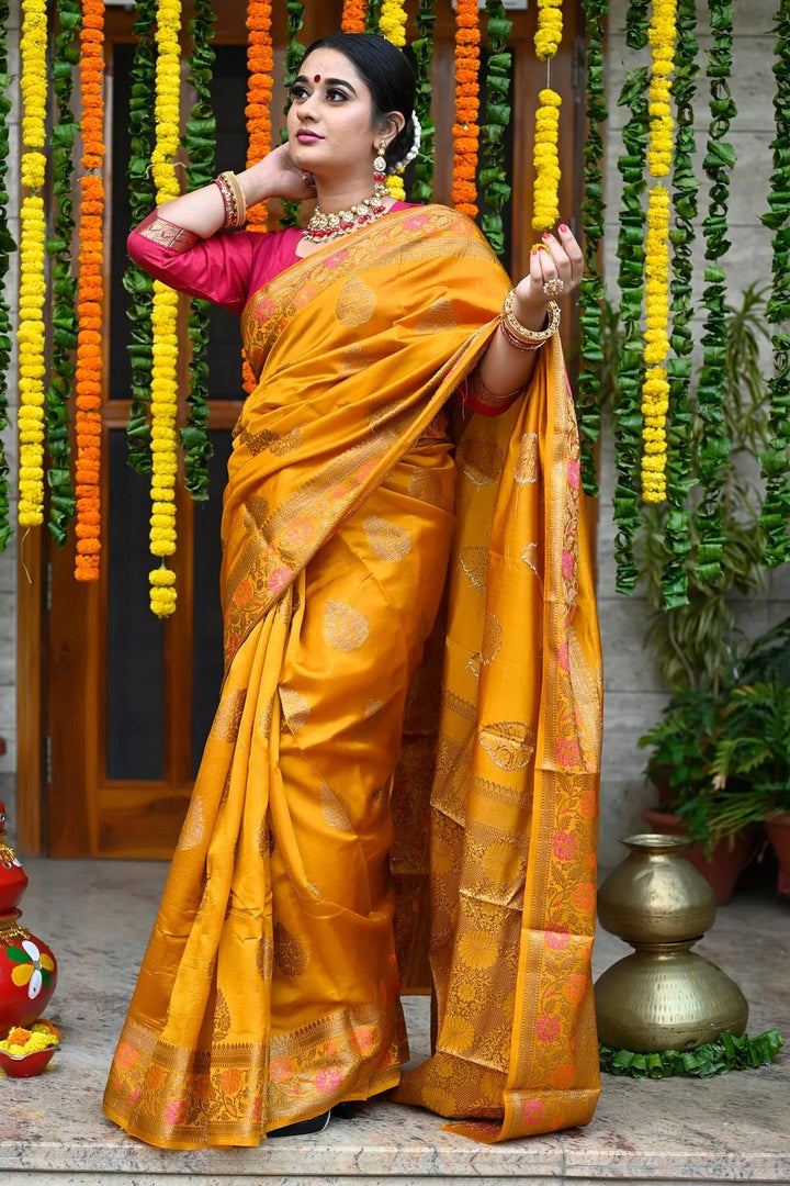 Western Wear Mustard Yellow Color Banarasi Silk Saree