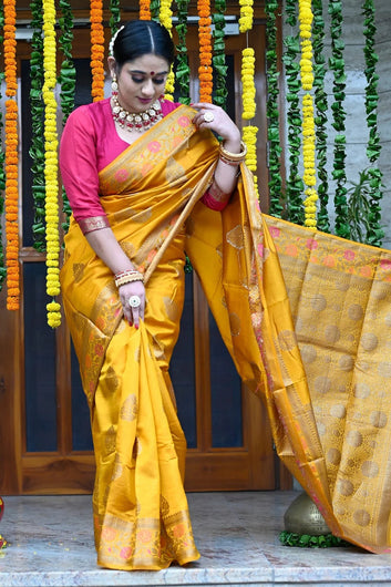 Western Wear Mustard Yellow Color Banarasi Silk Saree