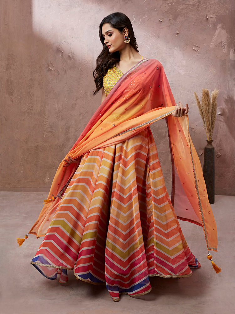Sunset Orange Chevron Lehenga Set with Embroidered Blouse