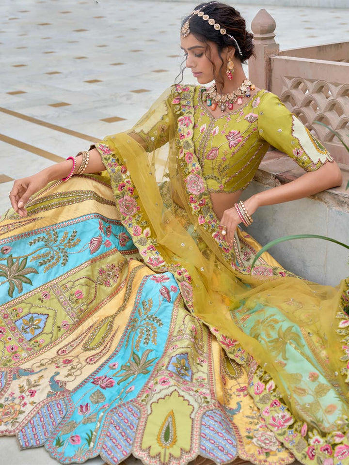 Lemon Yellow & Aqua Heritage Embroidered Lehenga Set