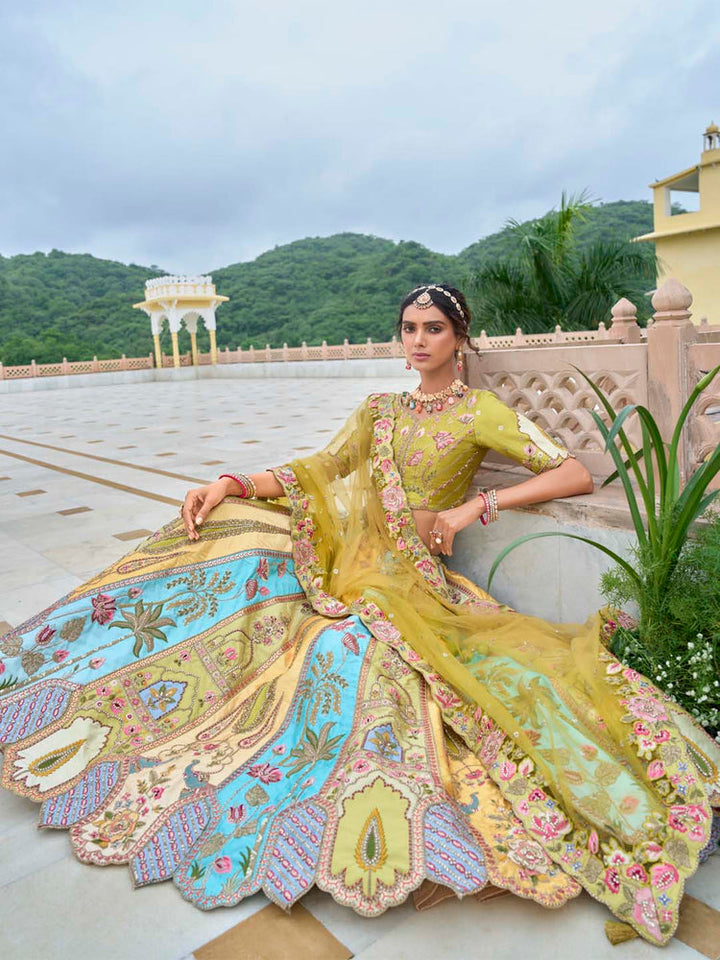 Lemon Yellow & Aqua Heritage Embroidered Lehenga Set