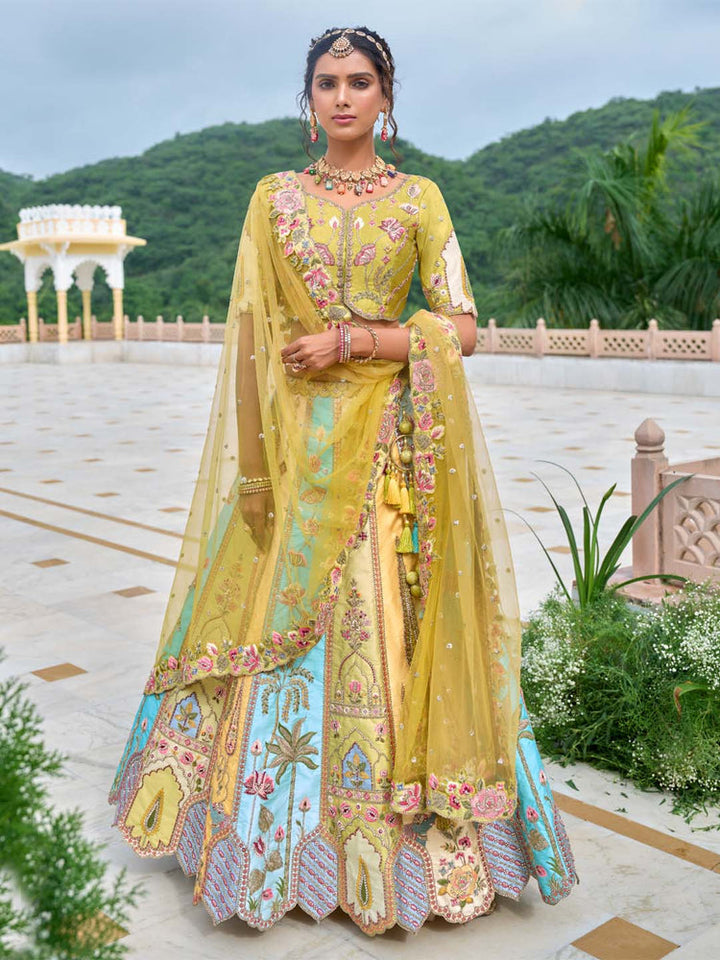 Lemon Yellow & Aqua Heritage Embroidered Lehenga Set
