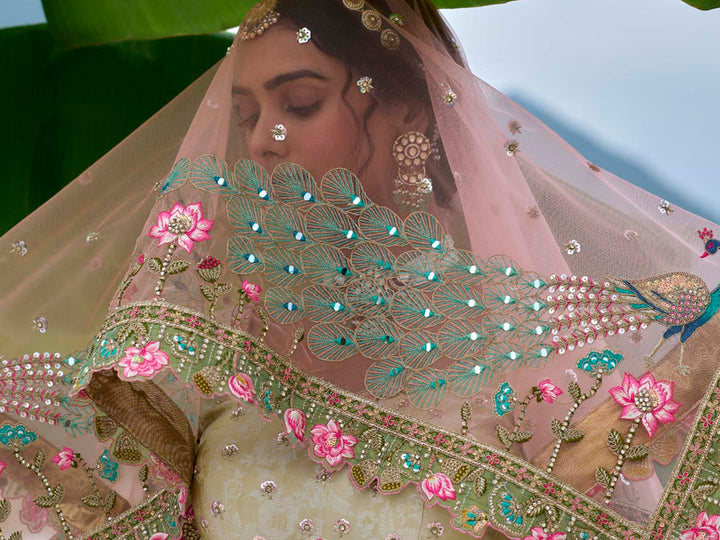 Pastel Sage & Teal Floral Embroidered Lehenga Set