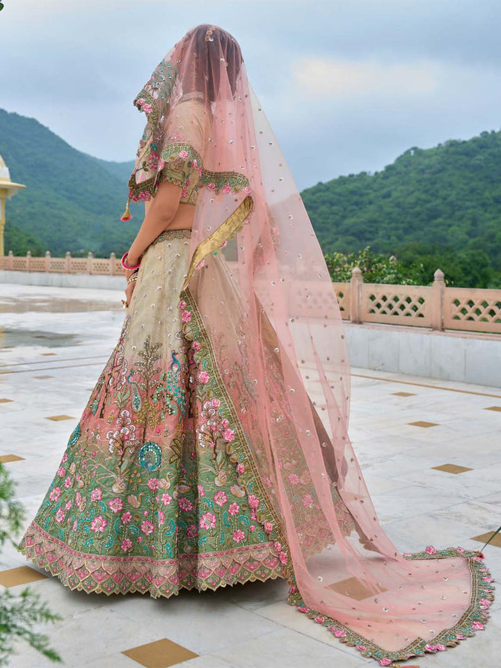 Pastel Sage & Teal Floral Embroidered Lehenga Set