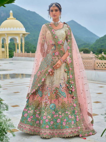 Pastel Sage & Teal Floral Embroidered Lehenga Set
