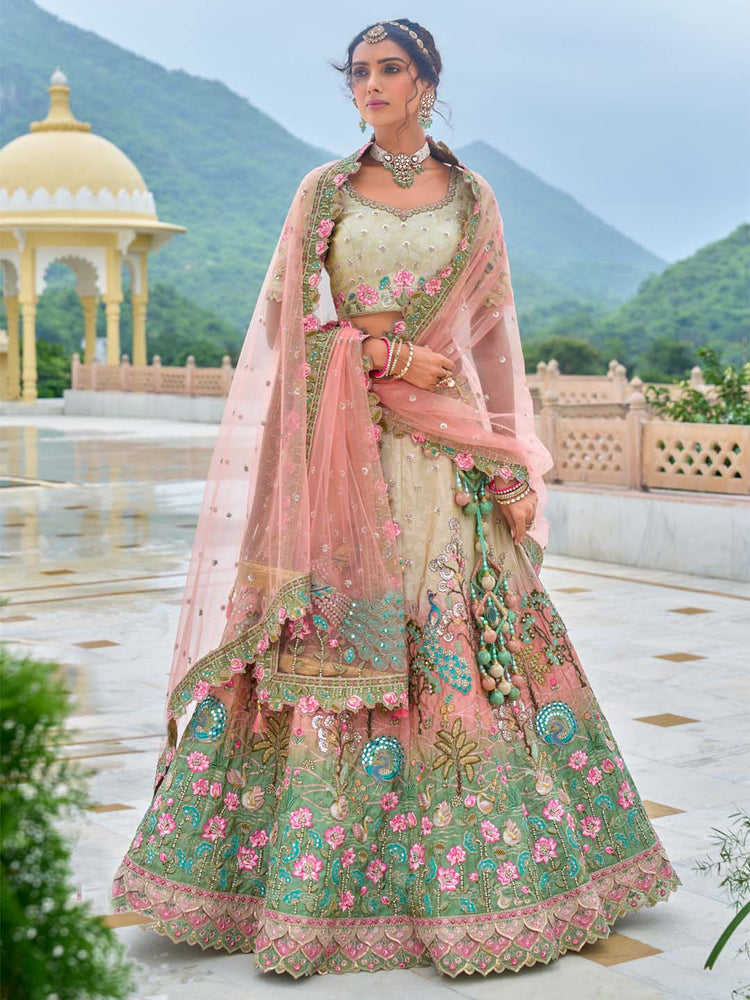 Pastel Sage & Teal Floral Embroidered Lehenga Set