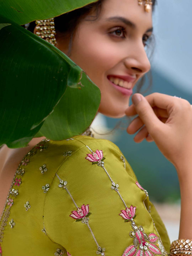 Chartreuse Green Floral Embroidered Lehenga Set