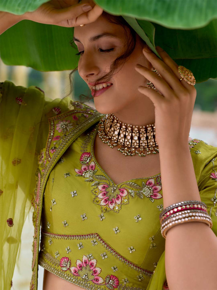 Chartreuse Green Floral Embroidered Lehenga Set