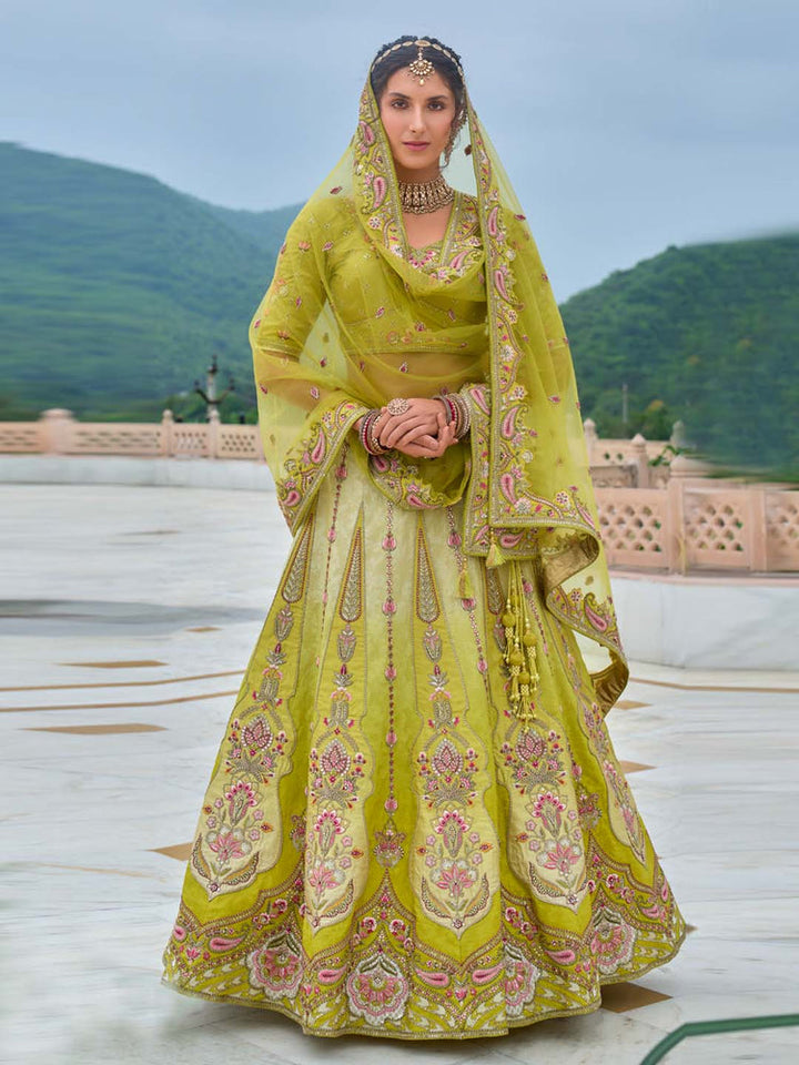 Chartreuse Green Floral Embroidered Lehenga Set