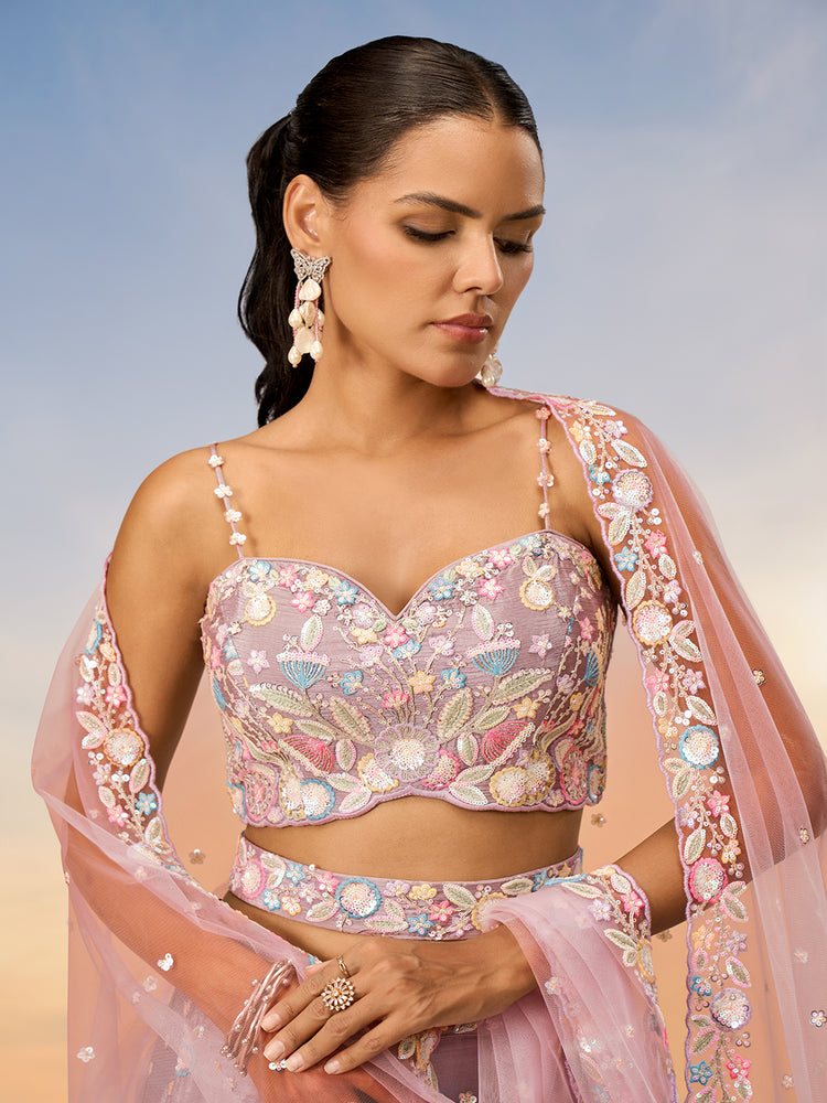 Dusty Rose Floral Embroidered Bridal Lehenga Set