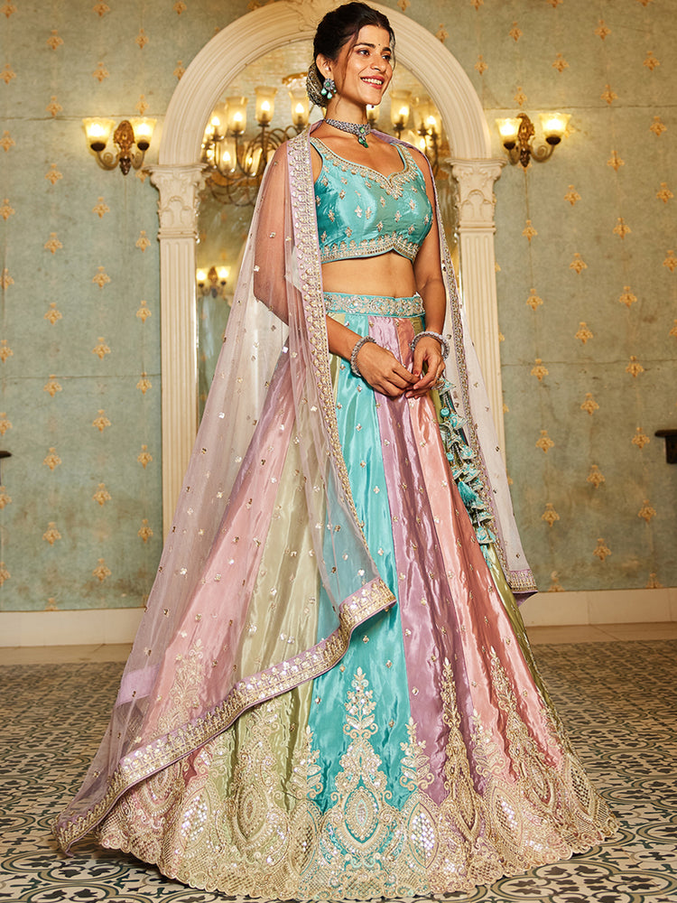 Pastel Multicolor Panelled Embroidered Lehenga Set