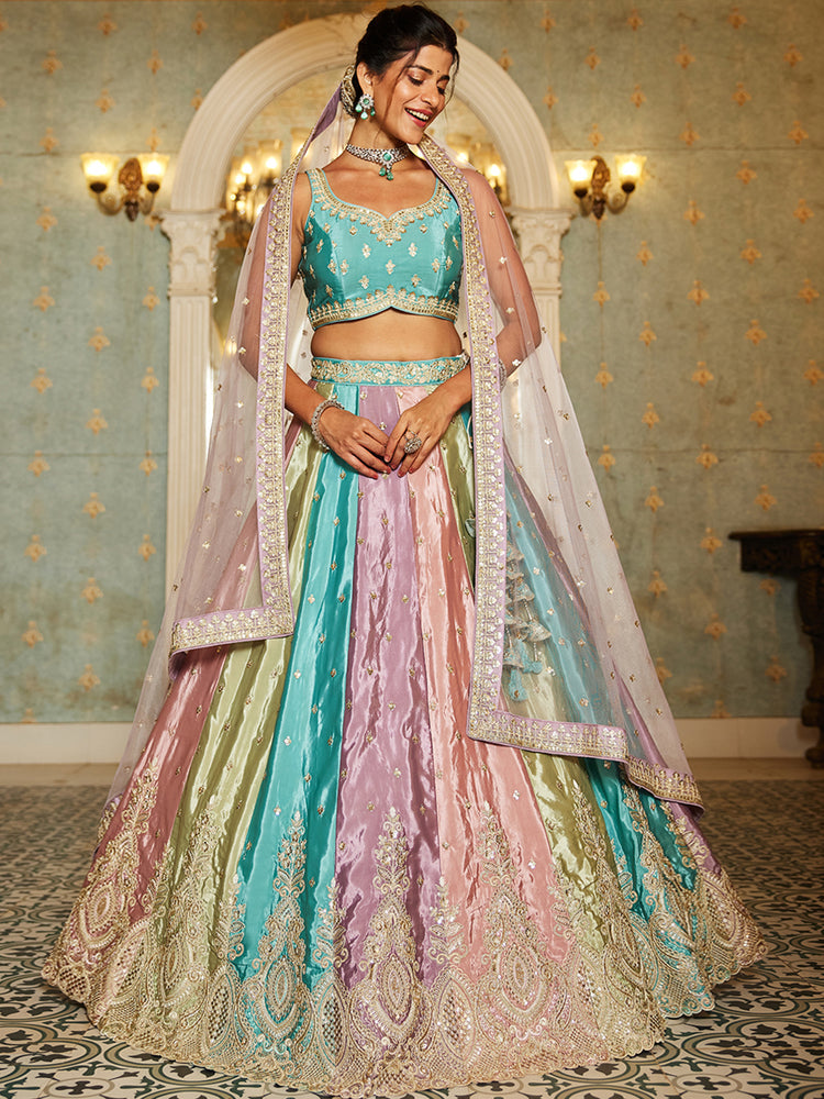 Pastel Multicolor Panelled Embroidered Lehenga Set