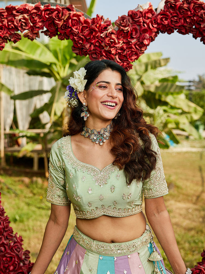 Pastel Multicolor Panelled Embroidered Lehenga Set