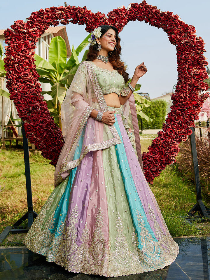 Pastel Multicolor Panelled Embroidered Lehenga Set