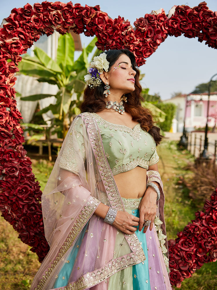 Pastel Multicolor Panelled Embroidered Lehenga Set