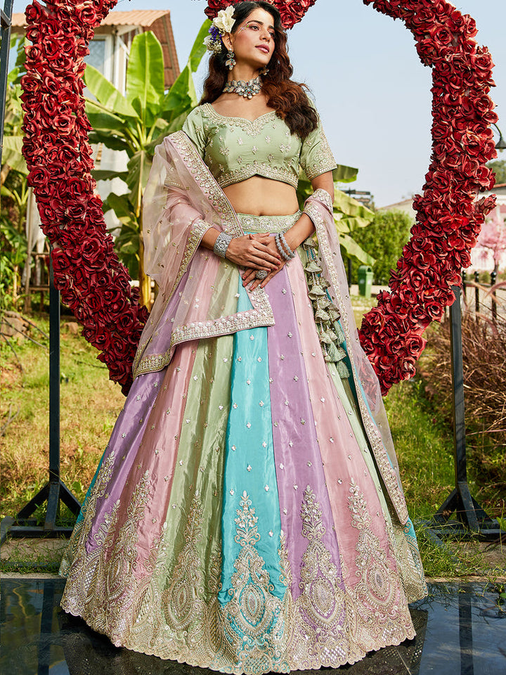 Pastel Multicolor Panelled Embroidered Lehenga Set