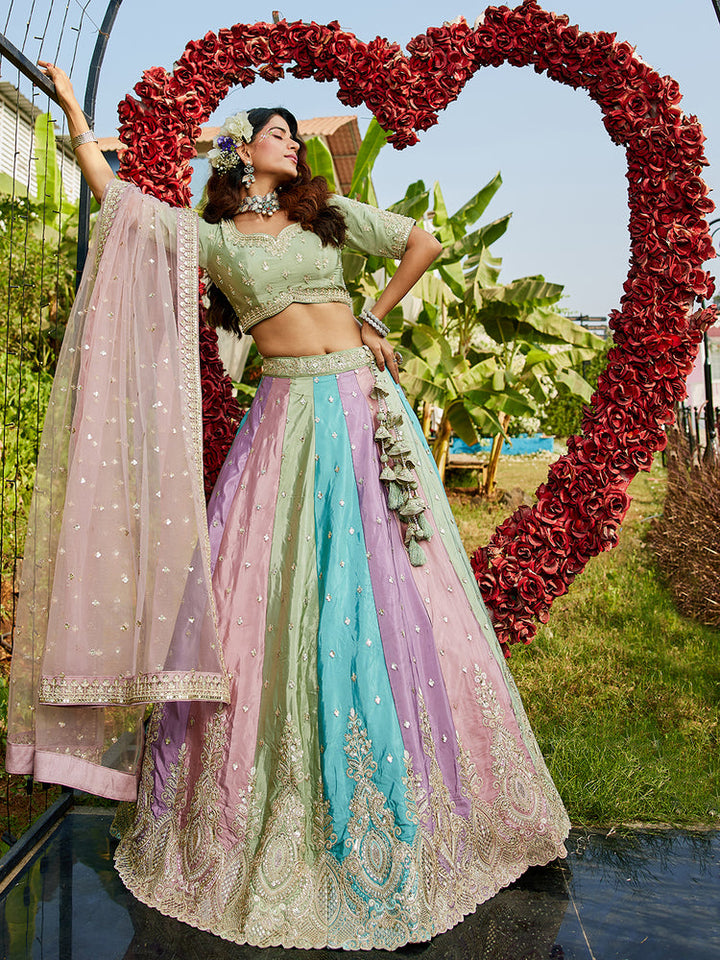 Pastel Multicolor Panelled Embroidered Lehenga Set