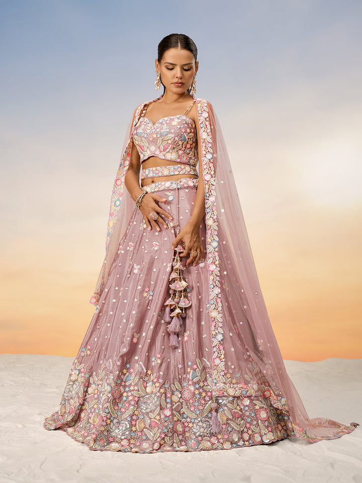 Dusty Rose Floral Embroidered Bridal Lehenga Set