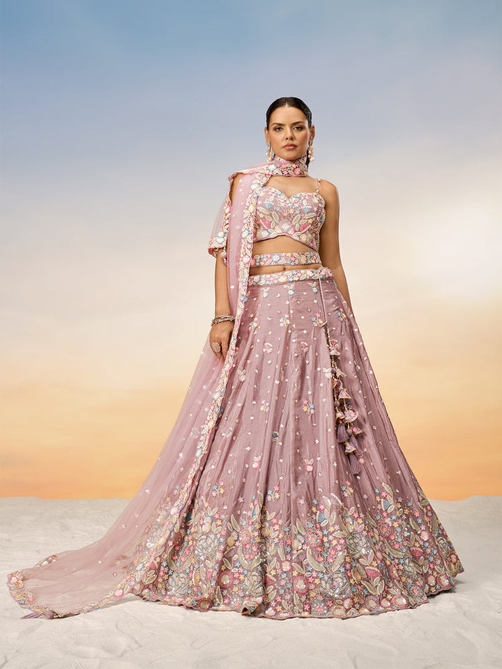 Dusty Rose Floral Embroidered Bridal Lehenga Set