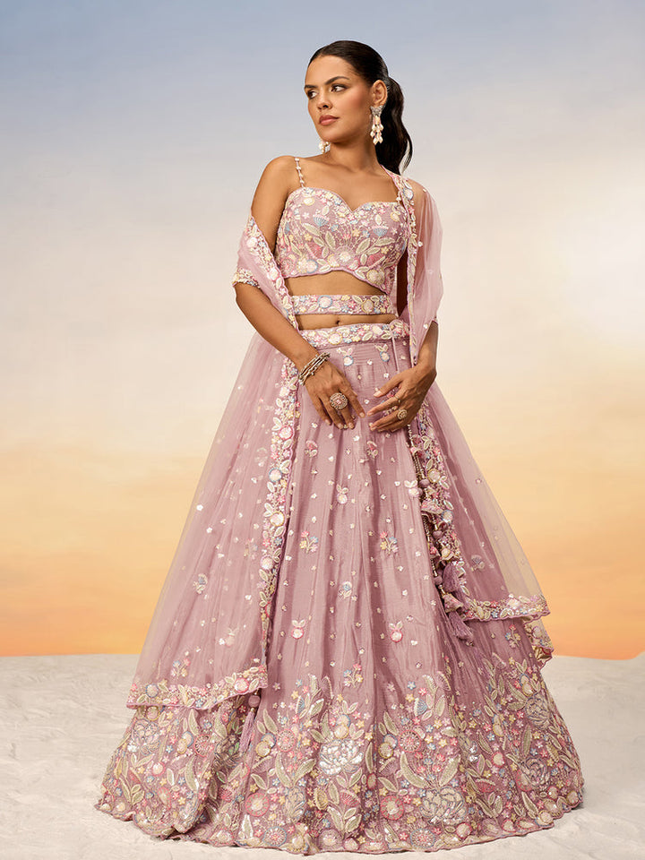 Dusty Rose Floral Embroidered Bridal Lehenga Set