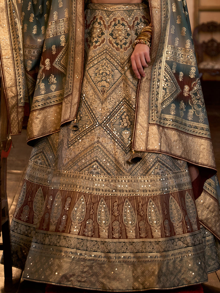 Heritage Teal & Antique Gold Brocade Bridal Lehenga Set