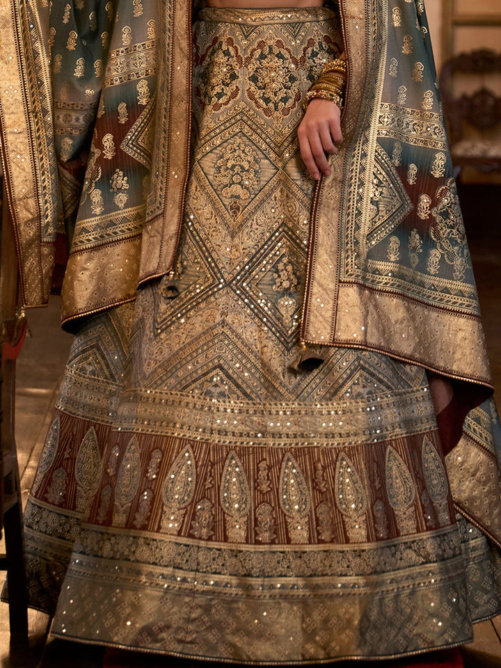Heritage Teal & Antique Gold Brocade Bridal Lehenga Set