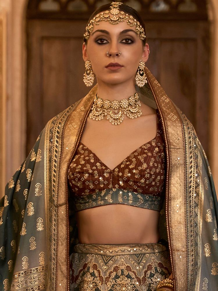 Heritage Teal & Antique Gold Brocade Bridal Lehenga Set