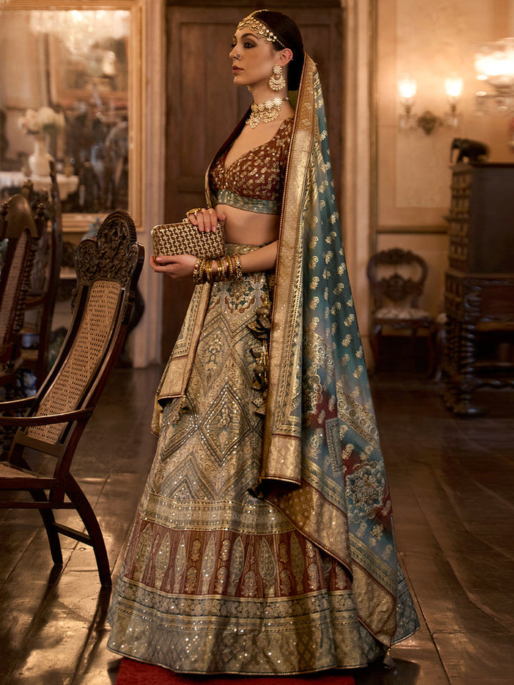 Heritage Teal & Antique Gold Brocade Bridal Lehenga Set