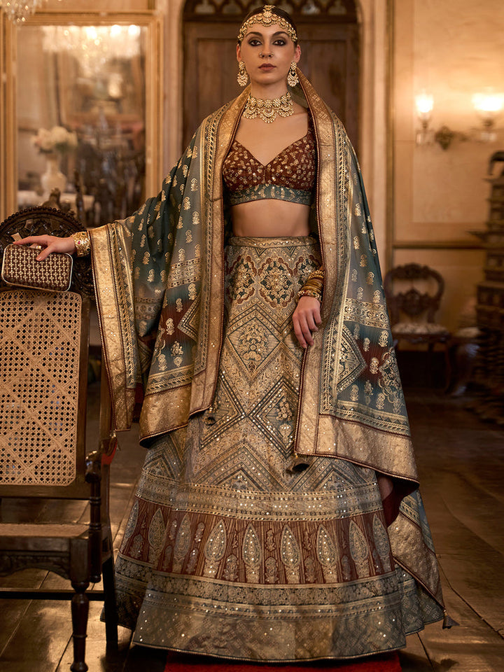 Heritage Teal & Antique Gold Brocade Bridal Lehenga Set
