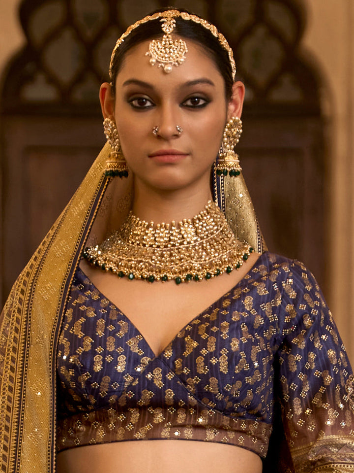 Royal Blue & Antique Gold Banarasi Bridal Lehenga Set