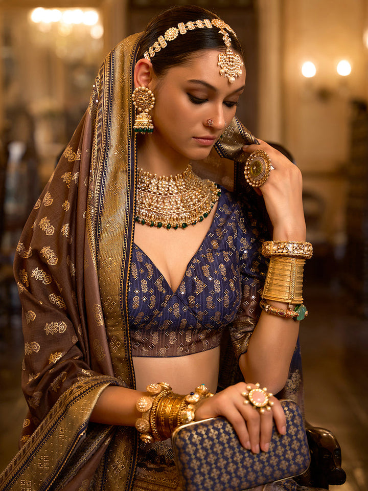 Royal Blue & Antique Gold Banarasi Bridal Lehenga Set