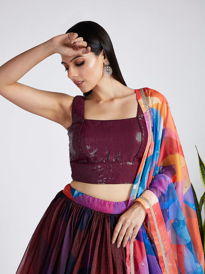 Multicolor Geometric Printed Lehenga Set with Wine Sequin Blouse