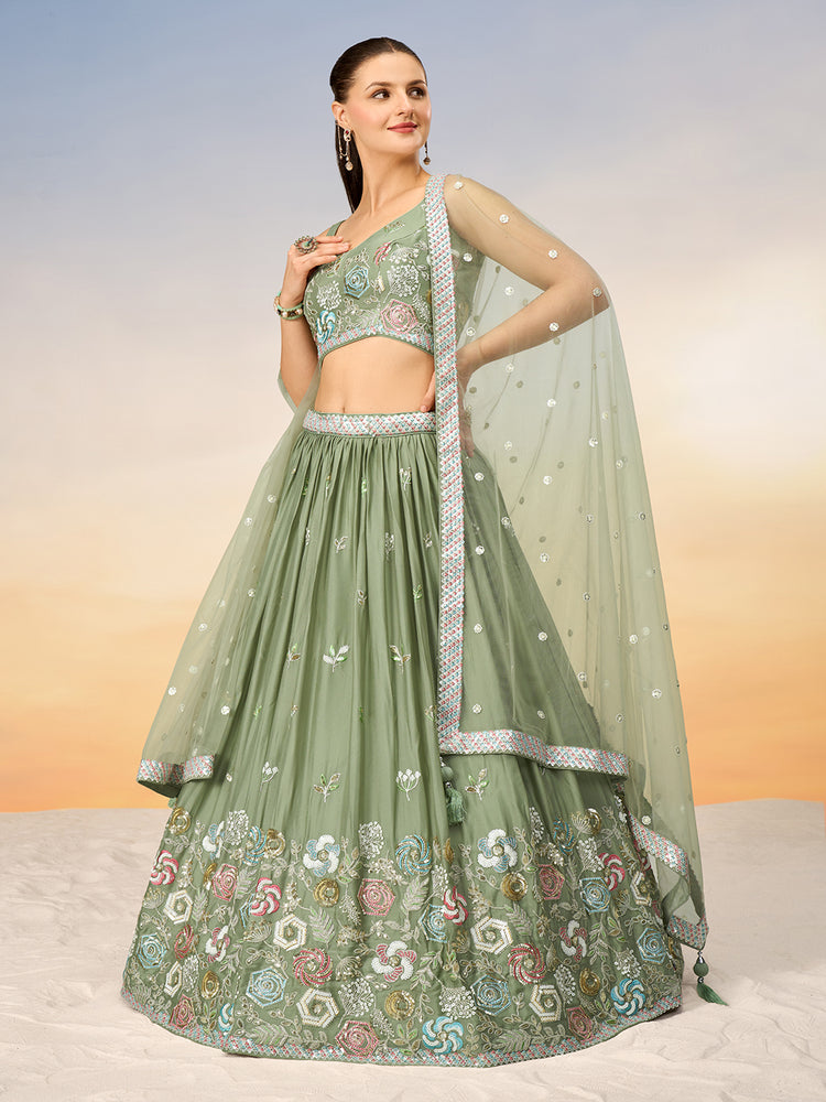 Sage Green Floral Embroidered Lehenga Set